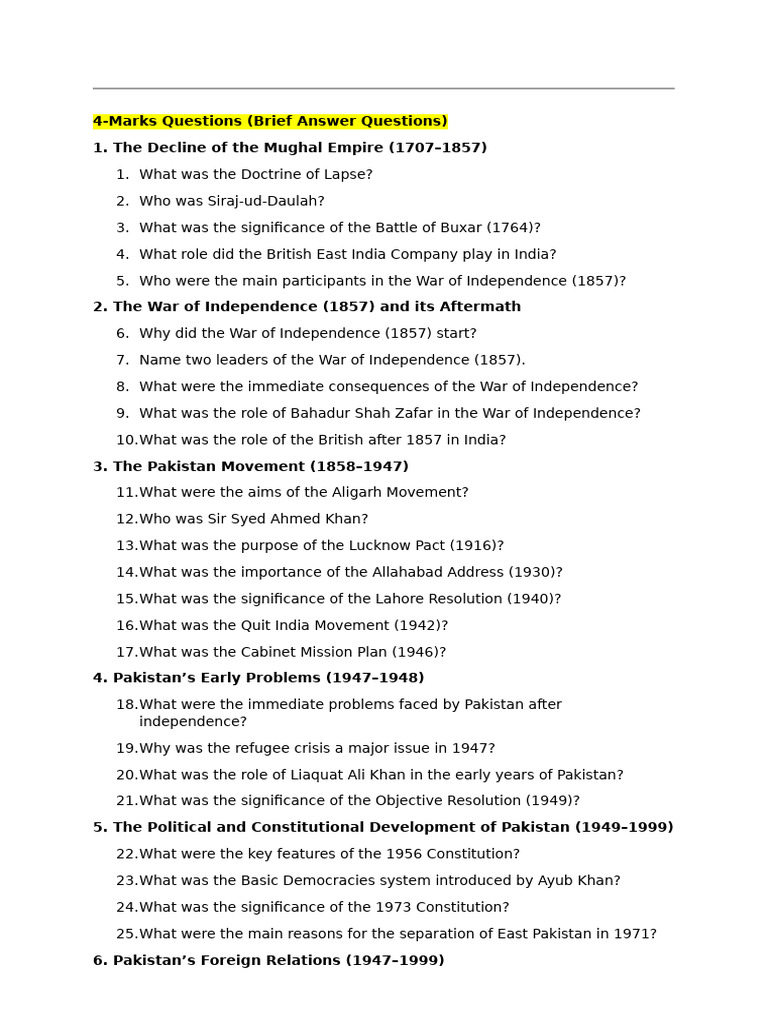 Key Historical Questions on Pakistan | PDF | Pakistan | Pakistan Movement