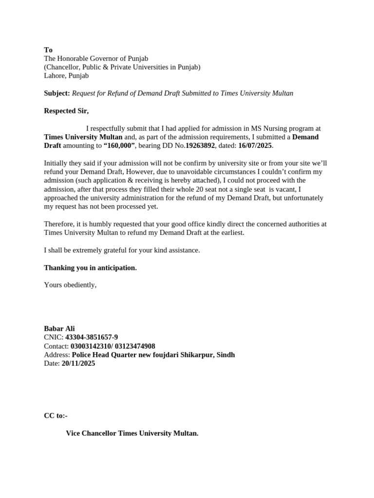 Request for Demand Draft Refund at Times University | PDF