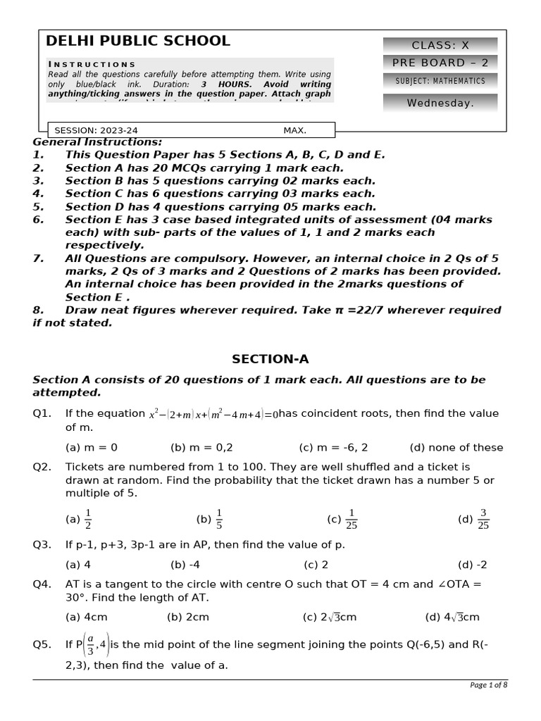 Class X Mathematics Pre Board Exam | PDF | Circle | Angle