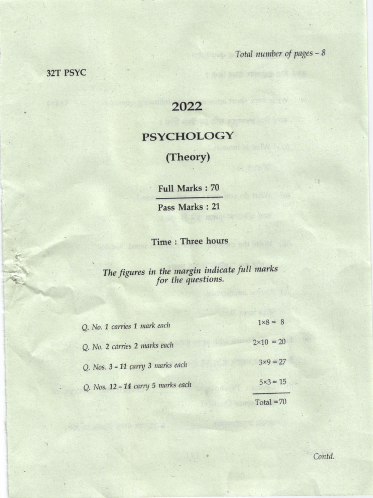 Psychology Exam Paper 2022 | PDF