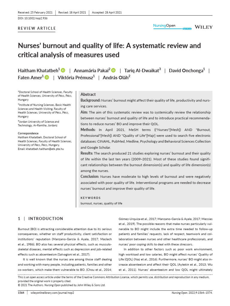 NOP2-9-1564 | PDF | Occupational Burnout | Nursing