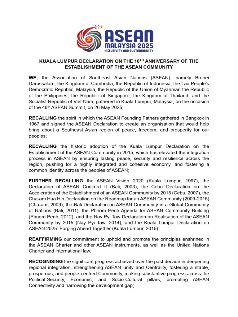 ASEAN Community 10th Anniversary Declaration | PDF | Economies | Global ...