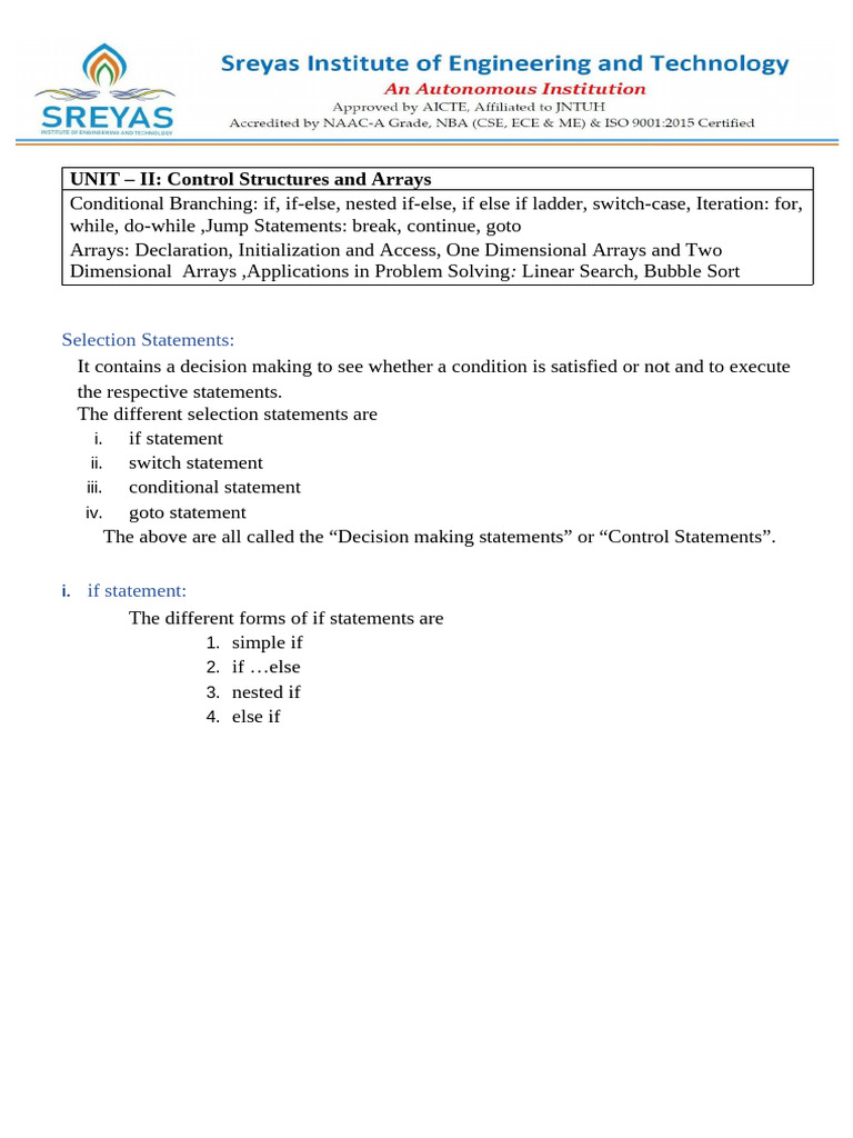 Control Structures and Arrays in C | PDF | Computer Programming ...