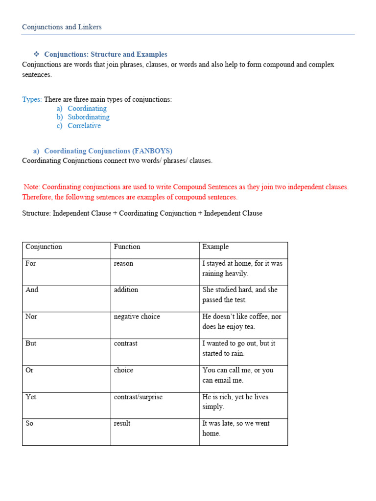 Understanding Conjunctions and Linkers | PDF | Syntax | Grammar