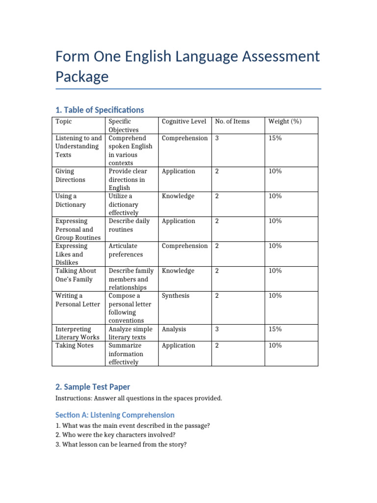Form One English Language Assessment Guide | PDF