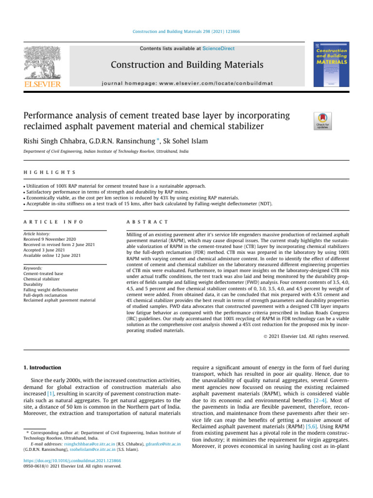 Performance Analysis of Cement Treated Base Layer by Incorporating ...