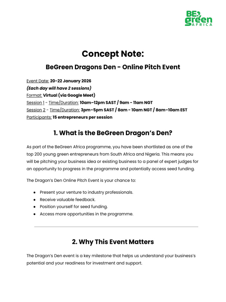 (Entrepreneurs) Concept Note - BeGreen Dragon's Den - Online Pitch ...