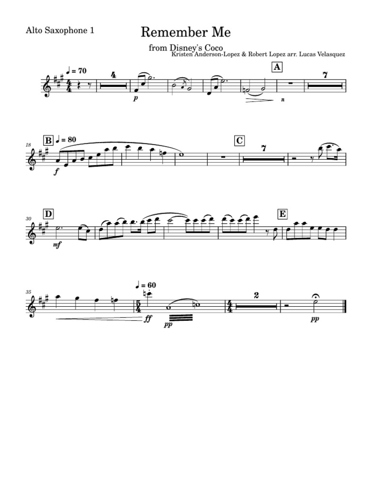 Alto Saxophone Arrangement: Remember Me | PDF | Saxophone