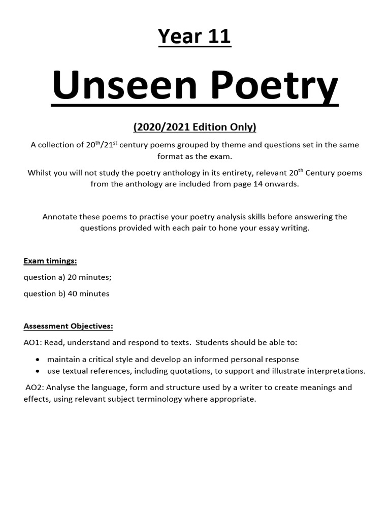 Year 11 Unseen Poetry Analysis Guide | PDF