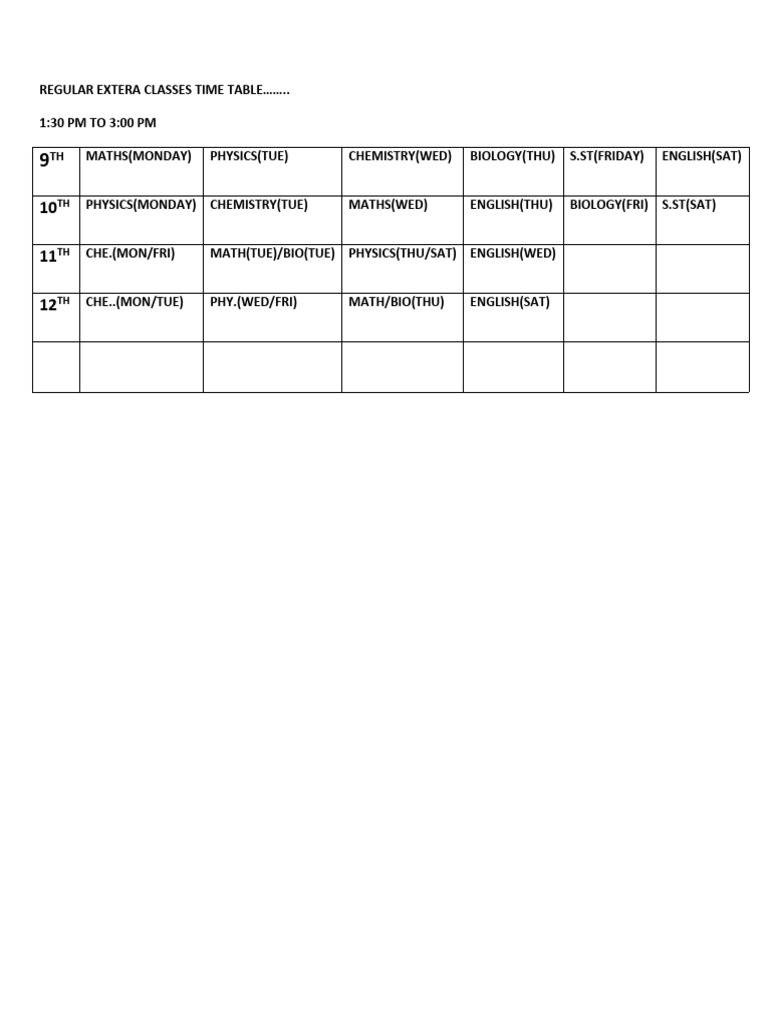 Extra Time Table 9 to 12 | PDF