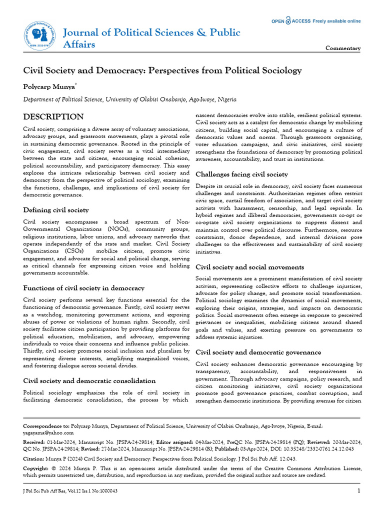 Civil Society and Democracy Perspectives From Political Sociology | PDF ...