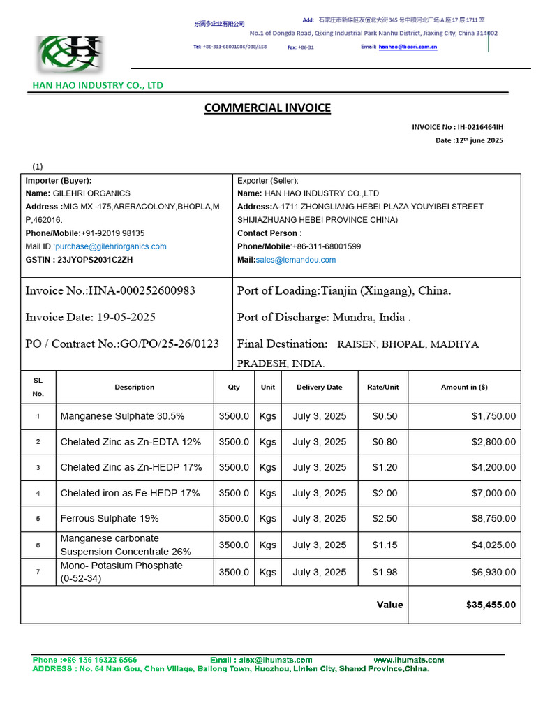 Commercial Invoice for Chemical Exports | PDF