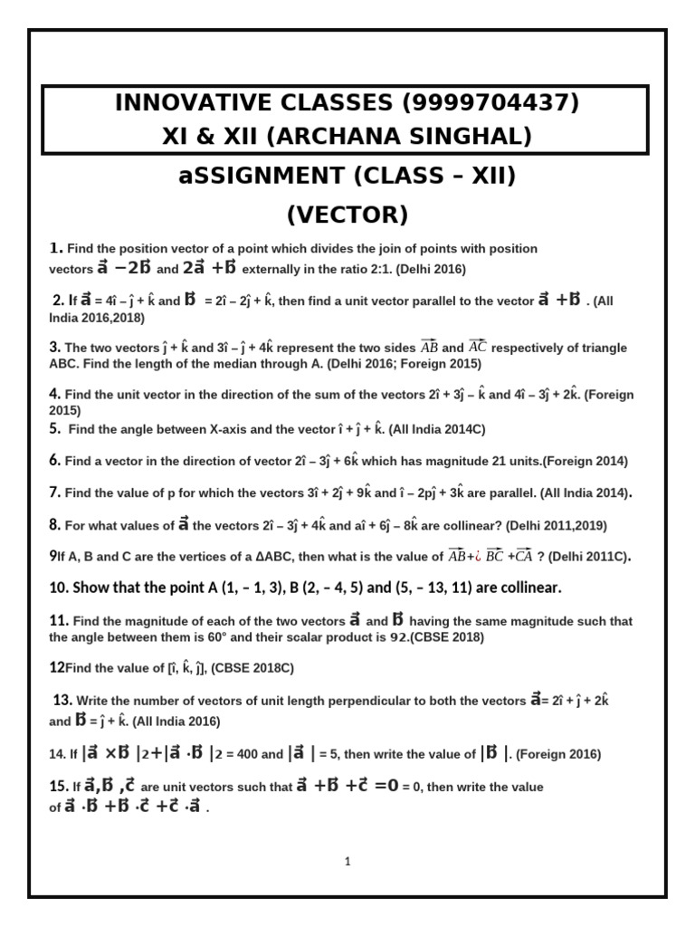 Vector Assignments for Class XII Students | PDF | Euclidean Vector | Area