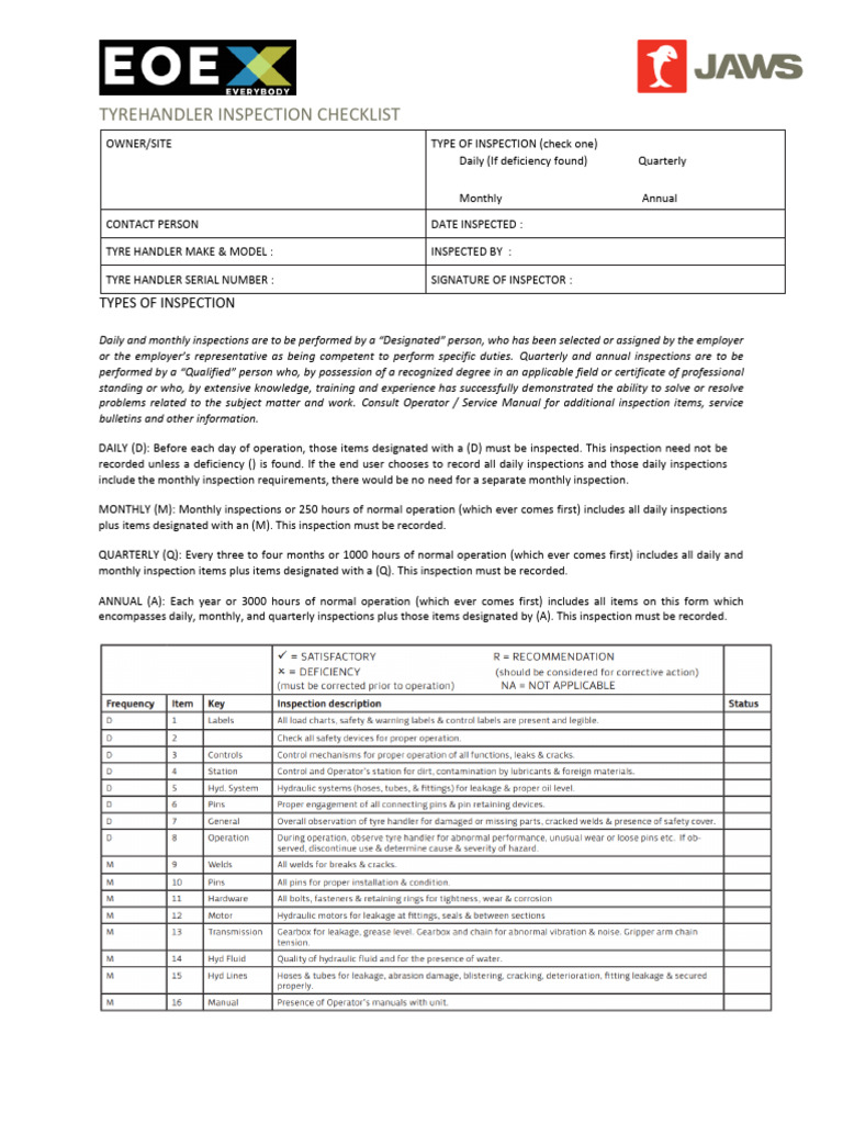 Tyre Handler Inspection Checklist Guide | PDF