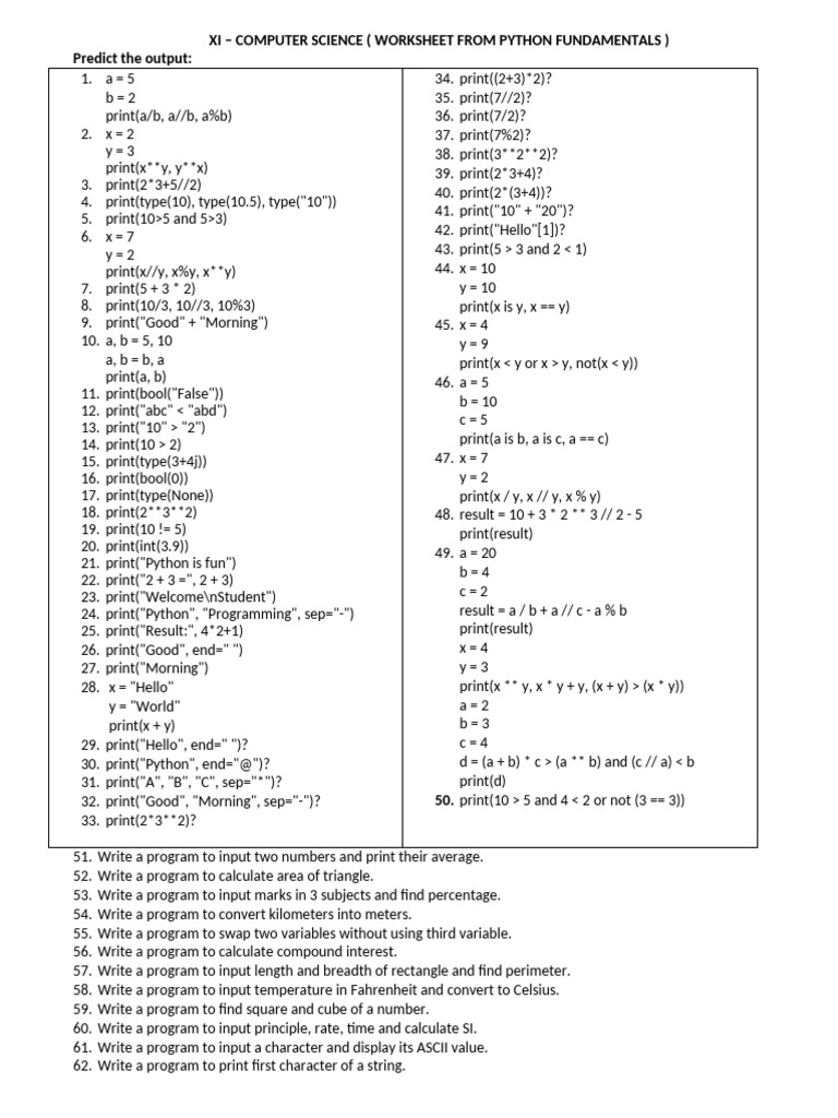 Python Fundamentals Worksheet Output Predictions | PDF | Chess Theory ...