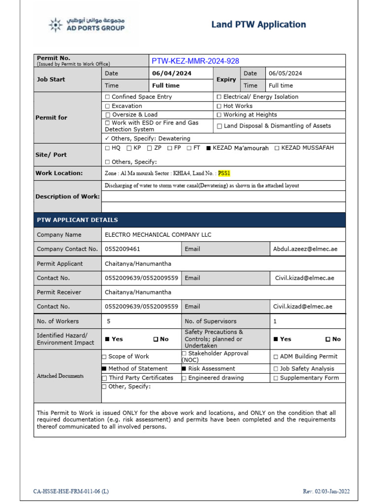 Land PTW Application for Dewatering Work | PDF | Hazards | Workplace