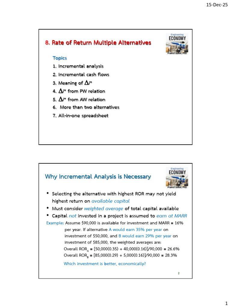 Incremental ROR Analysis in Engineering Economics | PDF | Investing