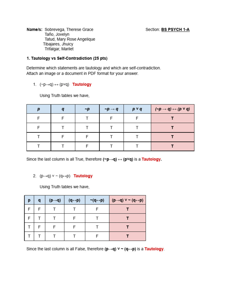 Tautology and Self-Contradiction Analysis | PDF | If And Only If ...