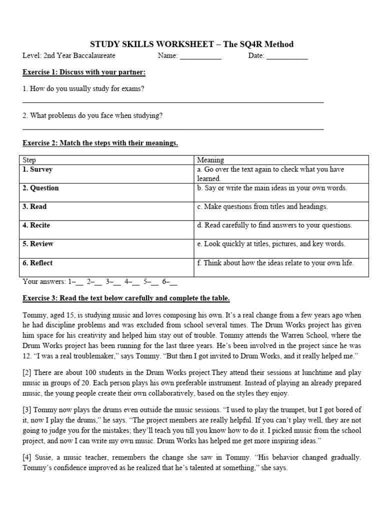 SQ4R Study Skills Worksheet | PDF | Study Skills