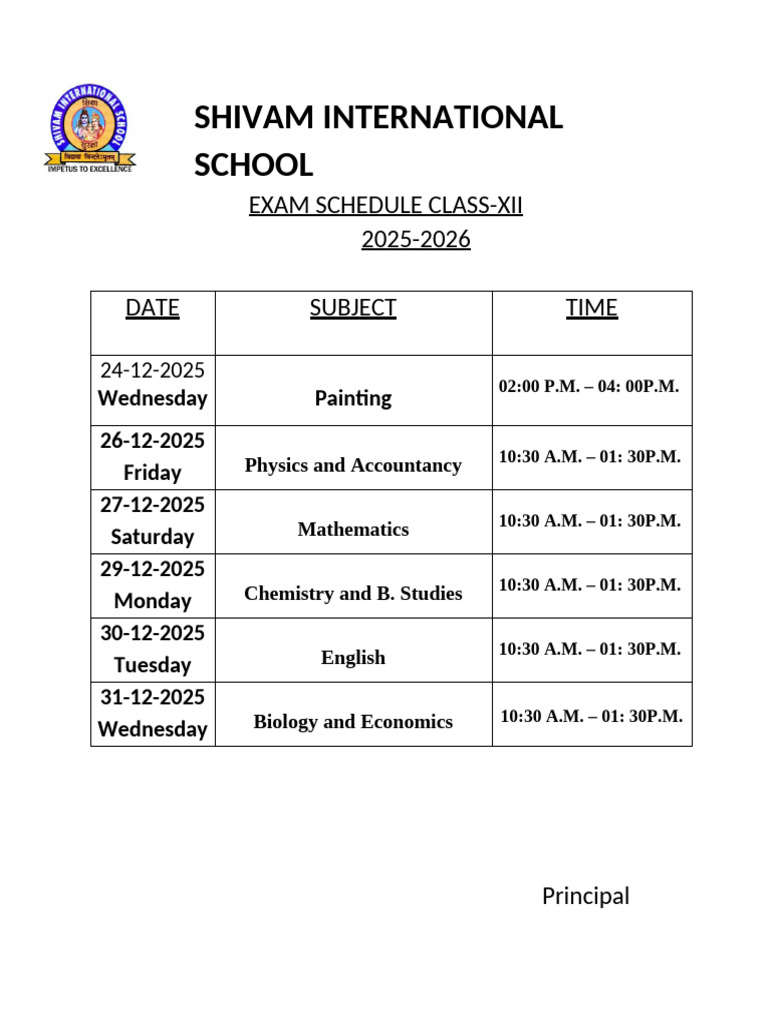 Shivam International School Class XII Exam Schedule 2025-2026 | PDF