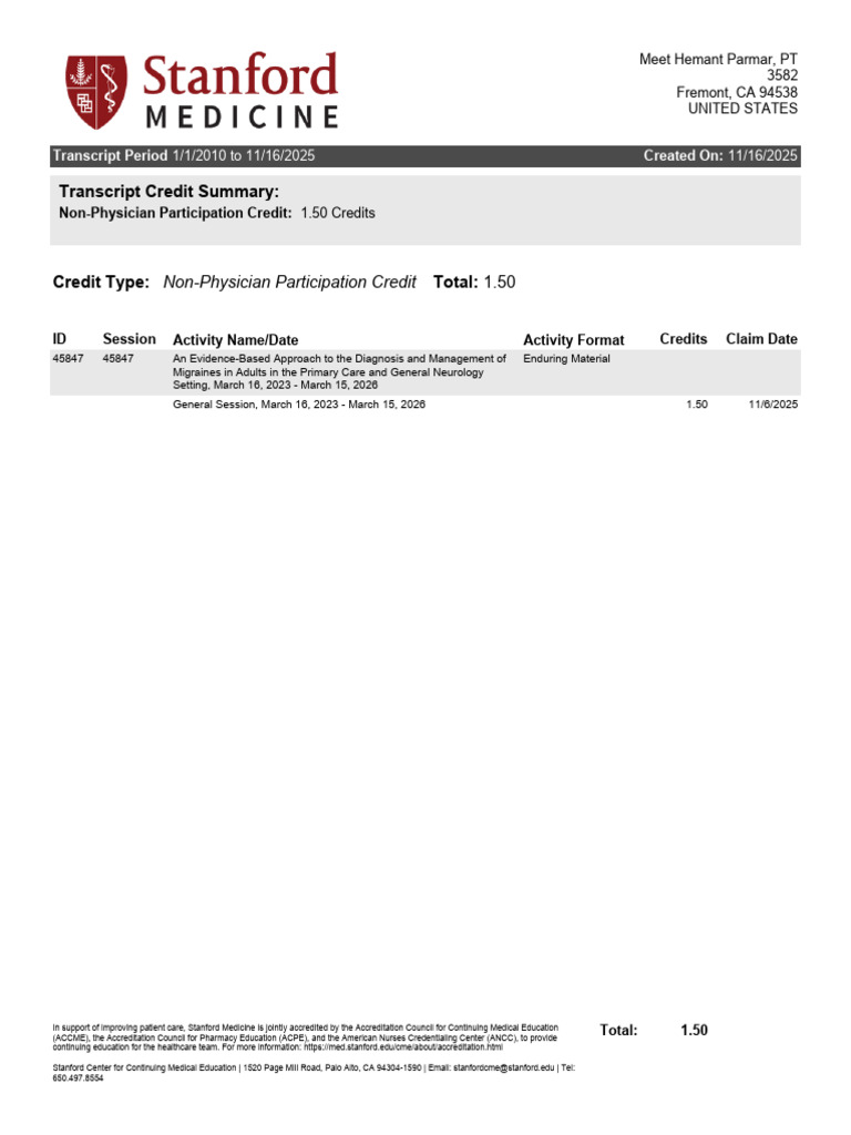 Hemant Parmar's CME Transcript Summary | PDF