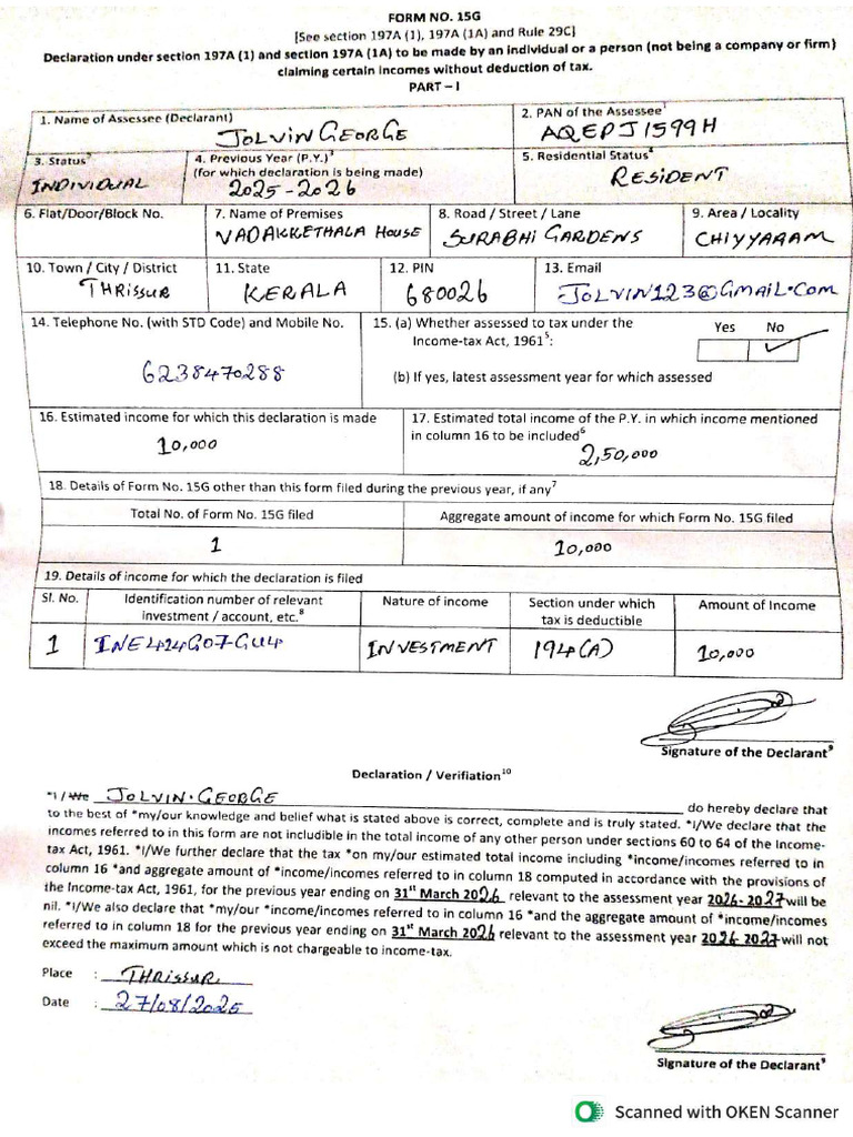 15 G Form For Muthoot Cap Jolvin George - Compressed | PDF