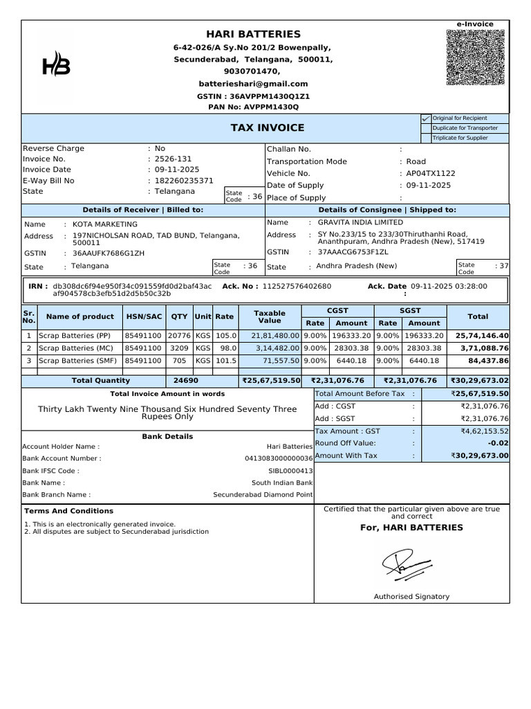 Hari Batteries Tax Invoice Details | PDF | Taxation | Economy Of India