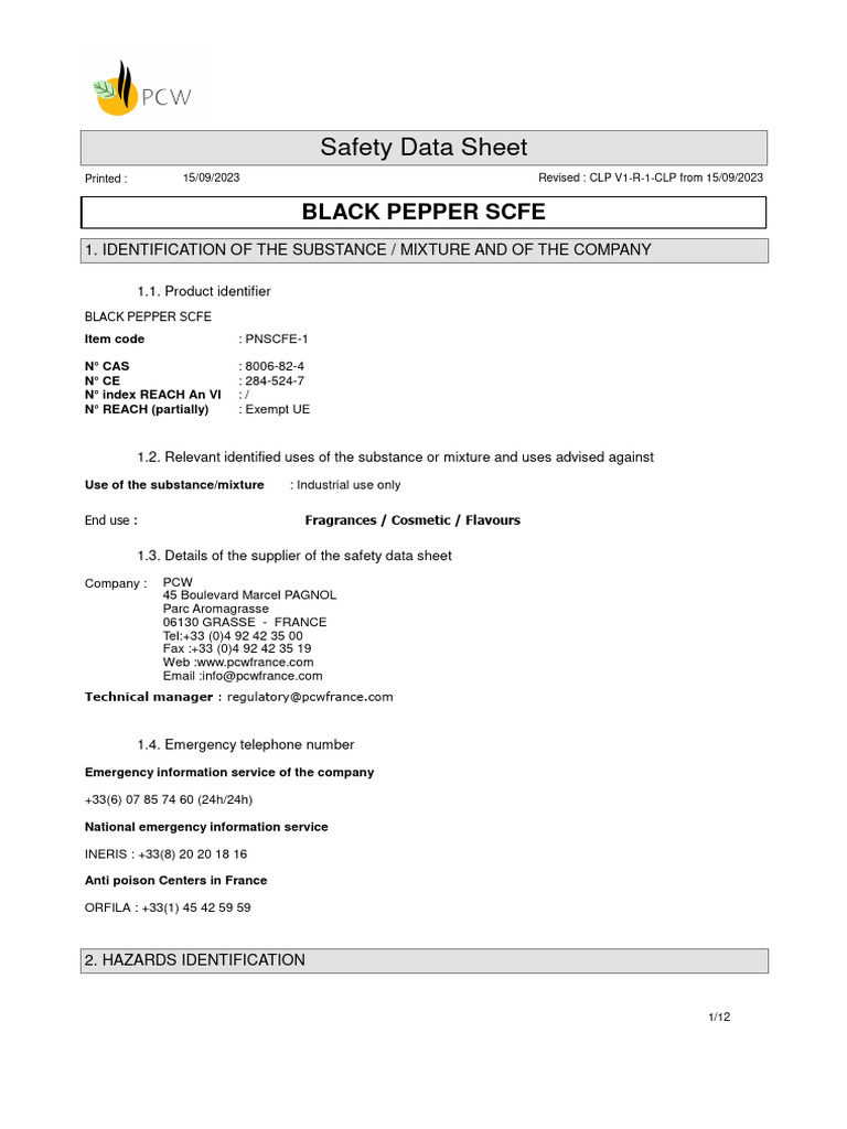 Black Pepper SCFE Safety Data Sheet | PDF | Dangerous Goods | Personal ...