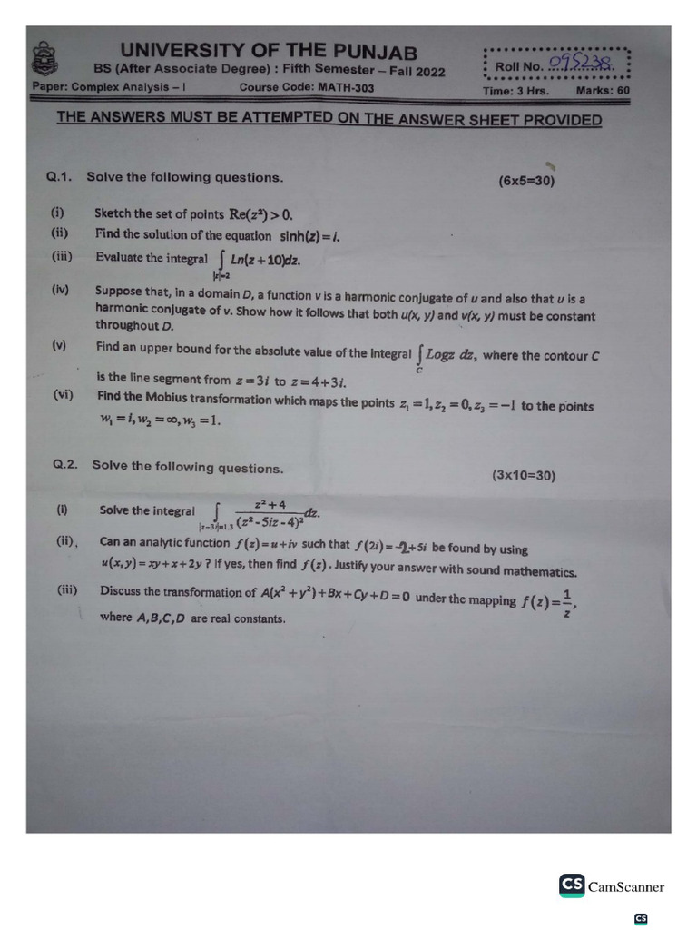 Complex Analysis 1past Papers (5th Semester) | PDF