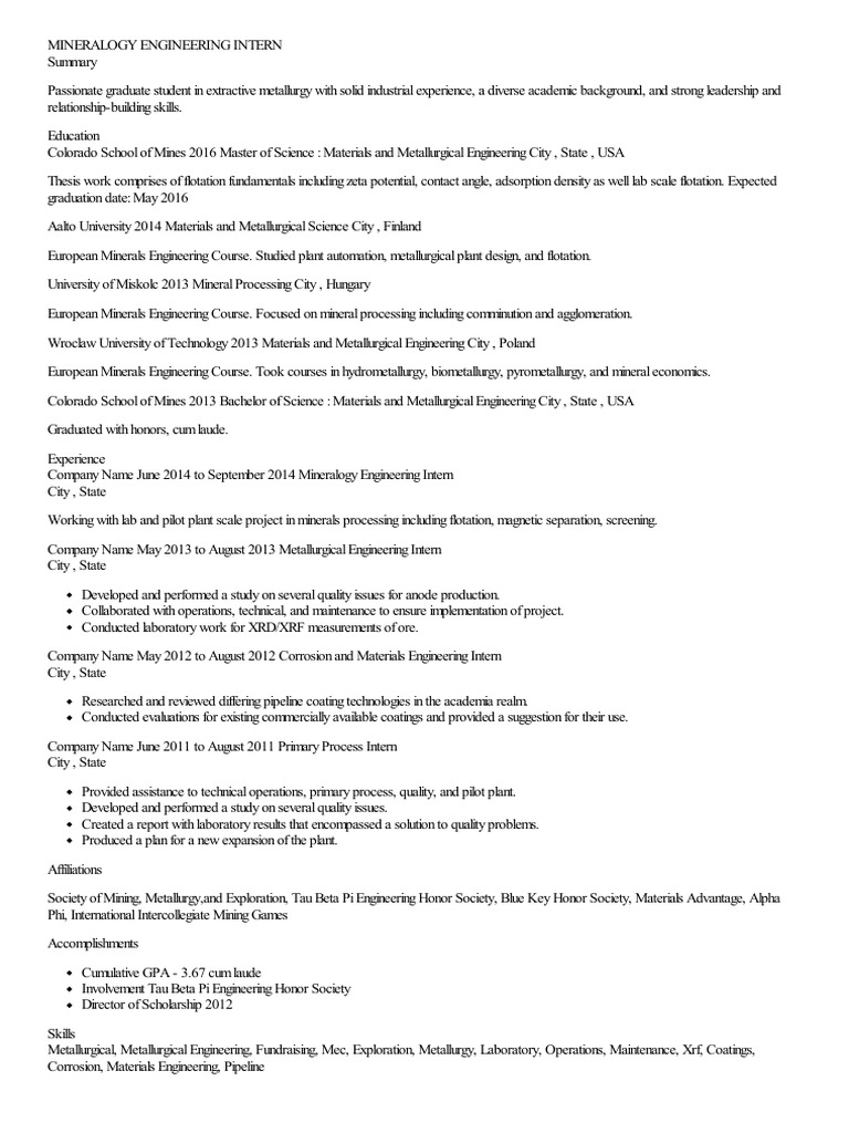 Mineralogy Engineering Intern Resume | PDF | Metallurgy | Mining