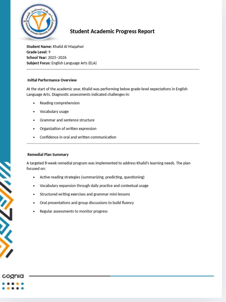 Khalid's ELA Progress Report 2025-2026 | PDF | Reading Comprehension ...