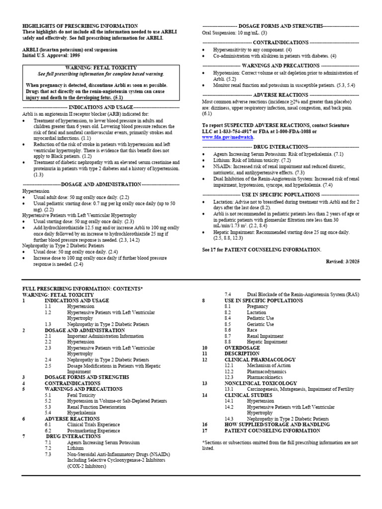 ARBLI Prescribing Information Summary | PDF | Hypertension | Blood Pressure