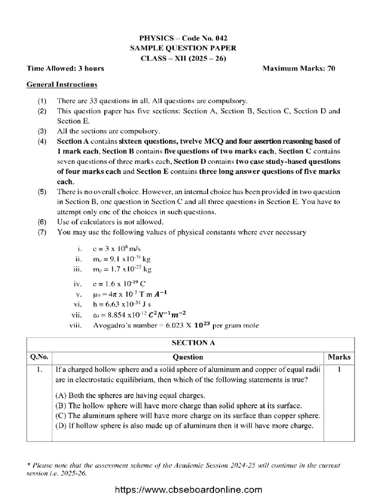 Cbse Class 12 Model Paper Physics 042 2026 | PDF
