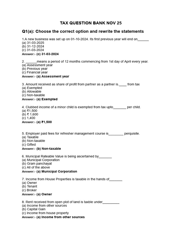 Tax Question Bank for Nov 2025 Exam | PDF | Expense | Employee Benefits