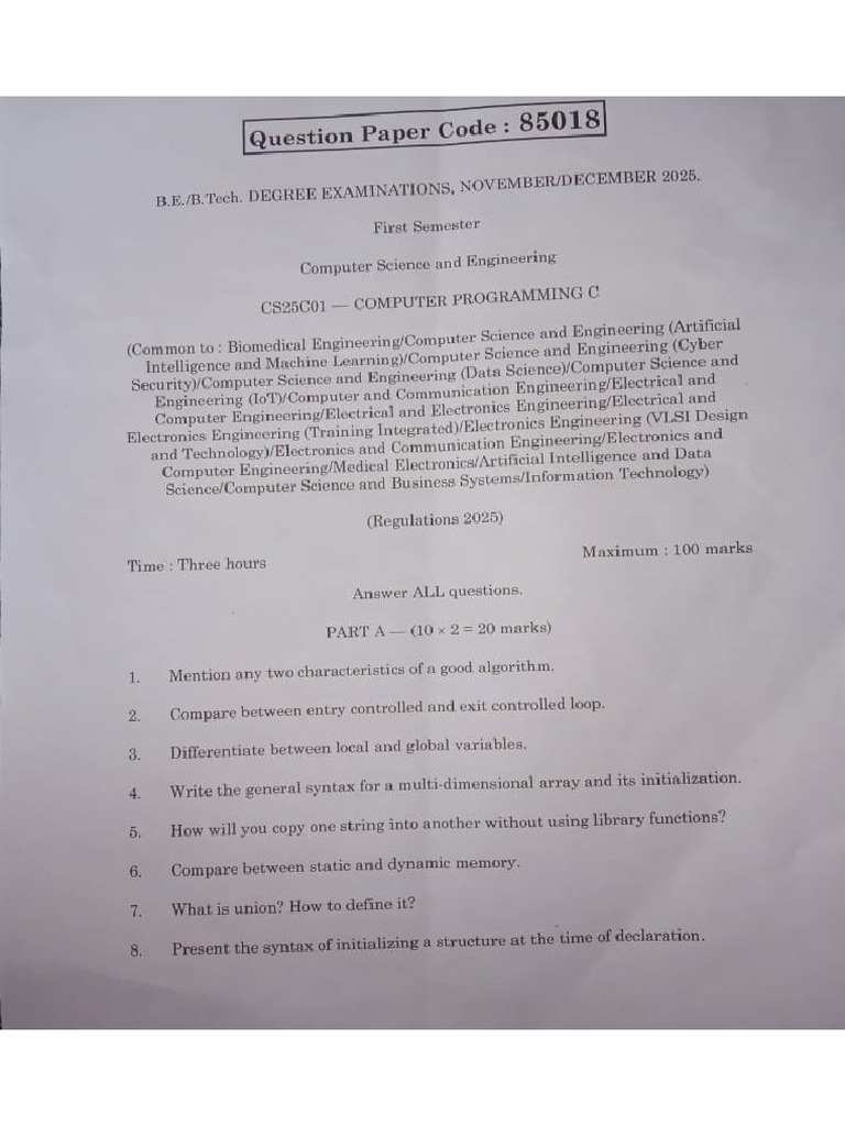 CS25C01 Computer Programming C Nov Dec 2025 Question Paper | PDF