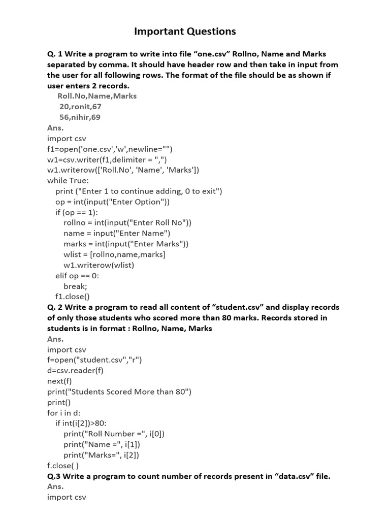 Importanat Question(Xii) | PDF | Comma Separated Values | Computer ...