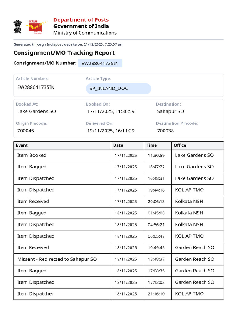 India Post Consignment Tracking Report | PDF