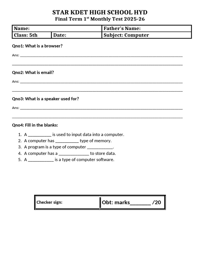 Class 5th First Bi Monthly Final 2k25 | PDF