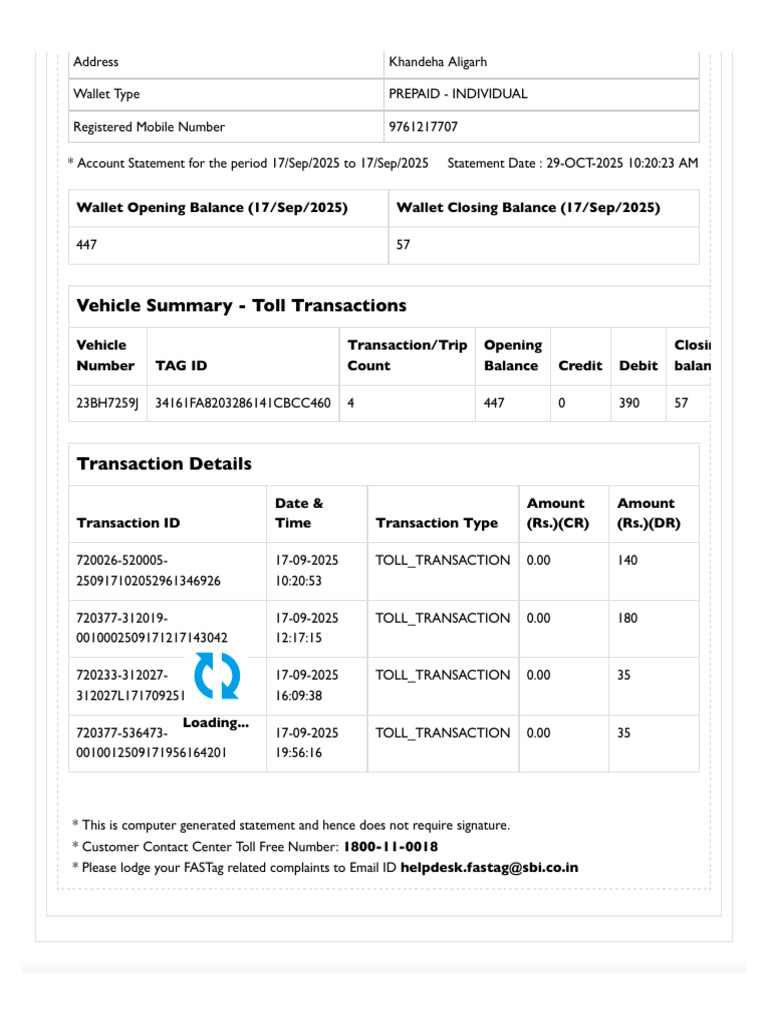 Vehicle Summary - Toll Transactions | PDF