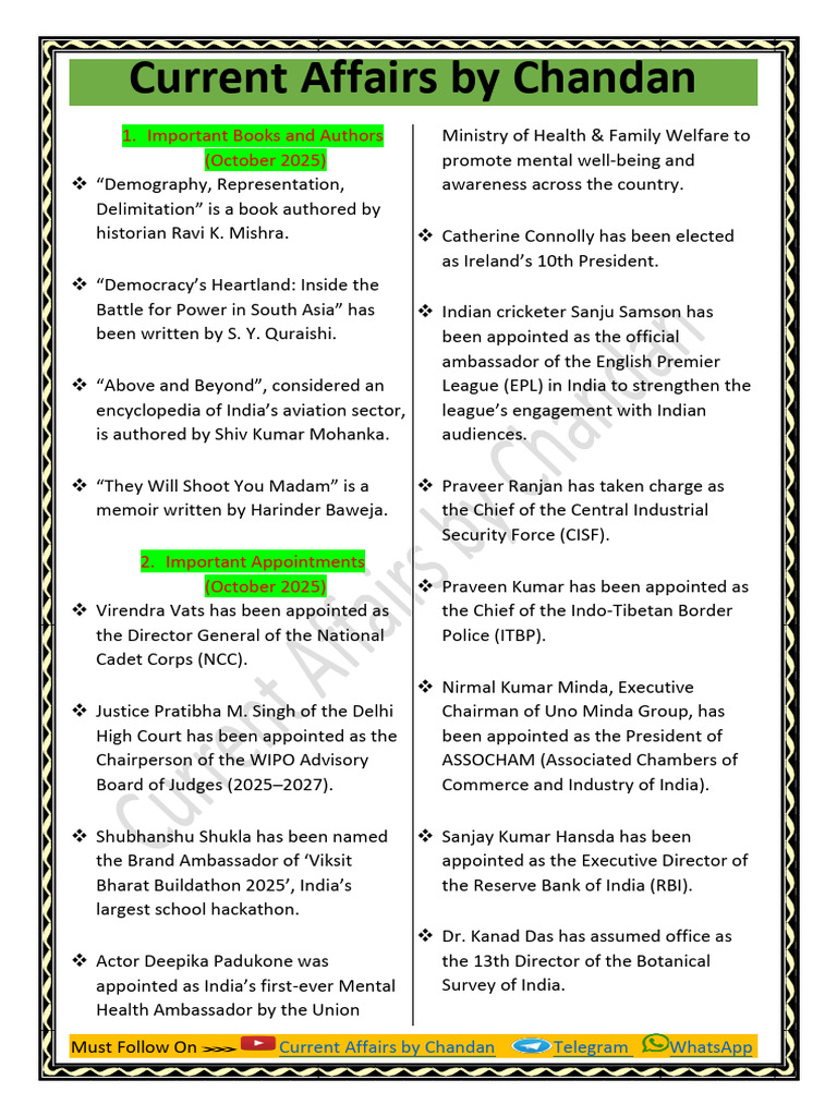 Current Affairs Highlights October 2025 | PDF