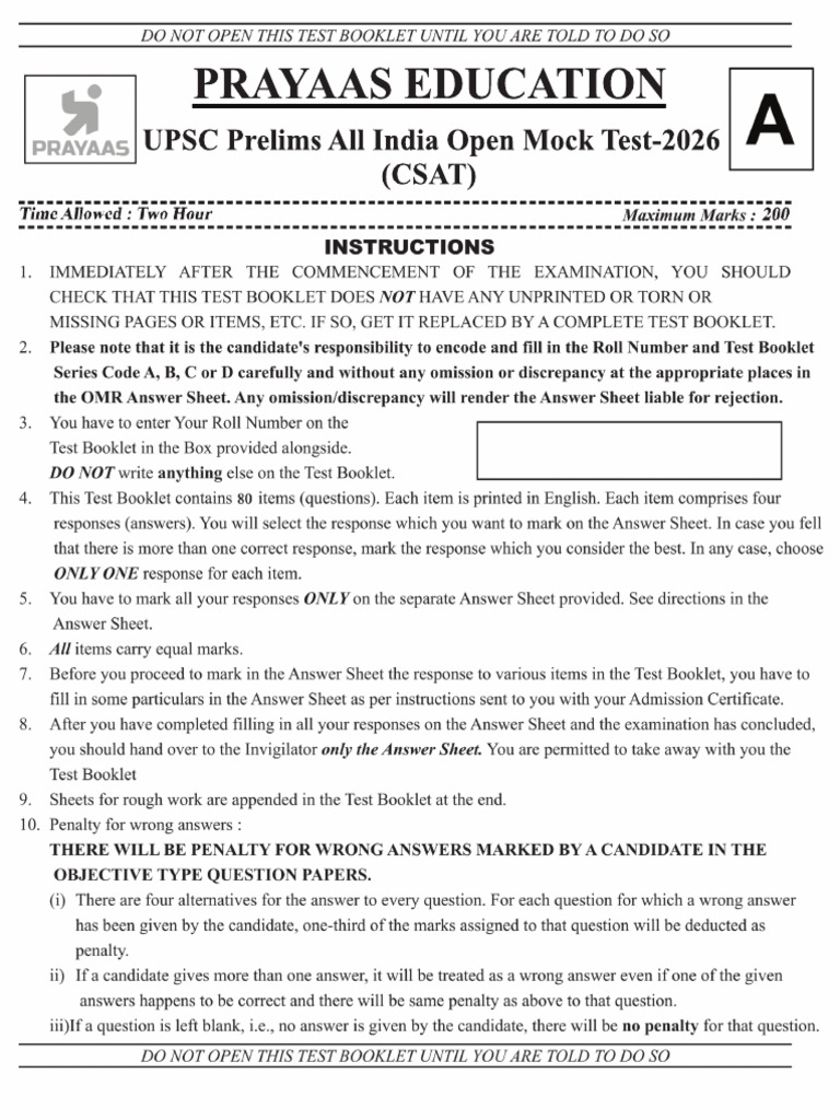 Csat All India Open Mock Test Prayaas Education | PDF