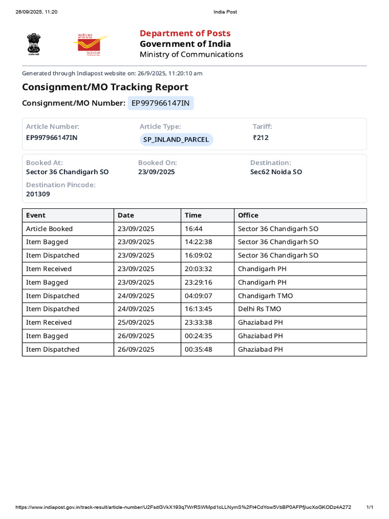 India Post Consignment Tracking Report | PDF