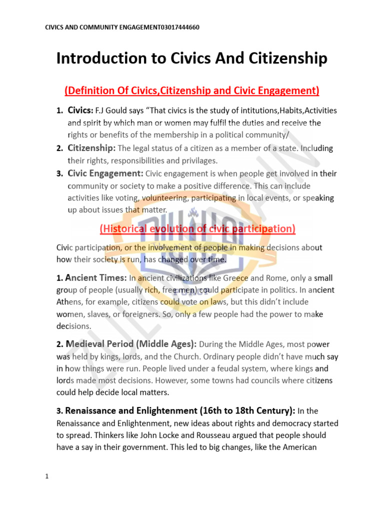 Civics and Community Engagement.docx Watermarked | PDF | Citizenship ...
