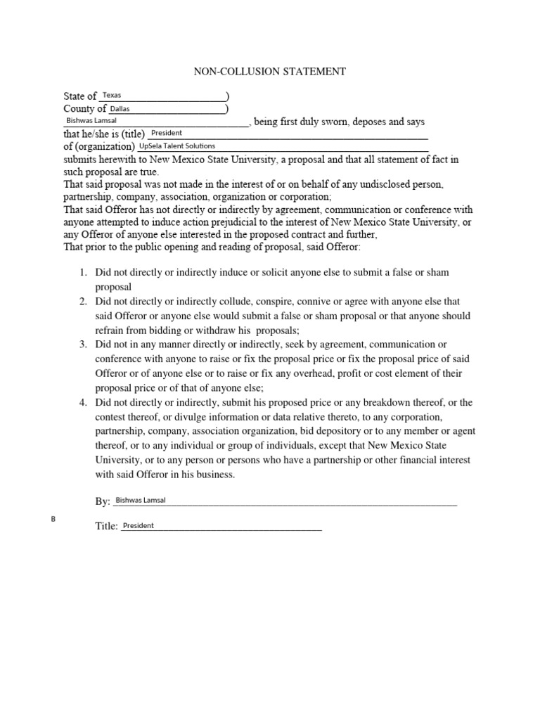 Non-Collusion Statement for Proposals | PDF | Offer And Acceptance ...