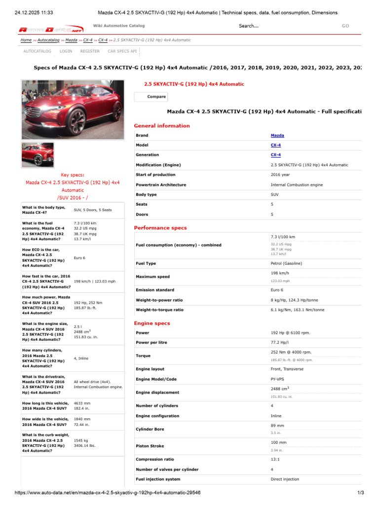 Mazda CX-4 2.5 SKYACTIV-G Specs | PDF | Fuel Economy In