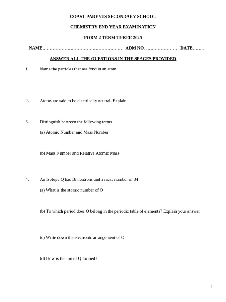 Form 2 Chemistry Exam Questions 2025 | PDF | Salt (Chemistry) | Oxide