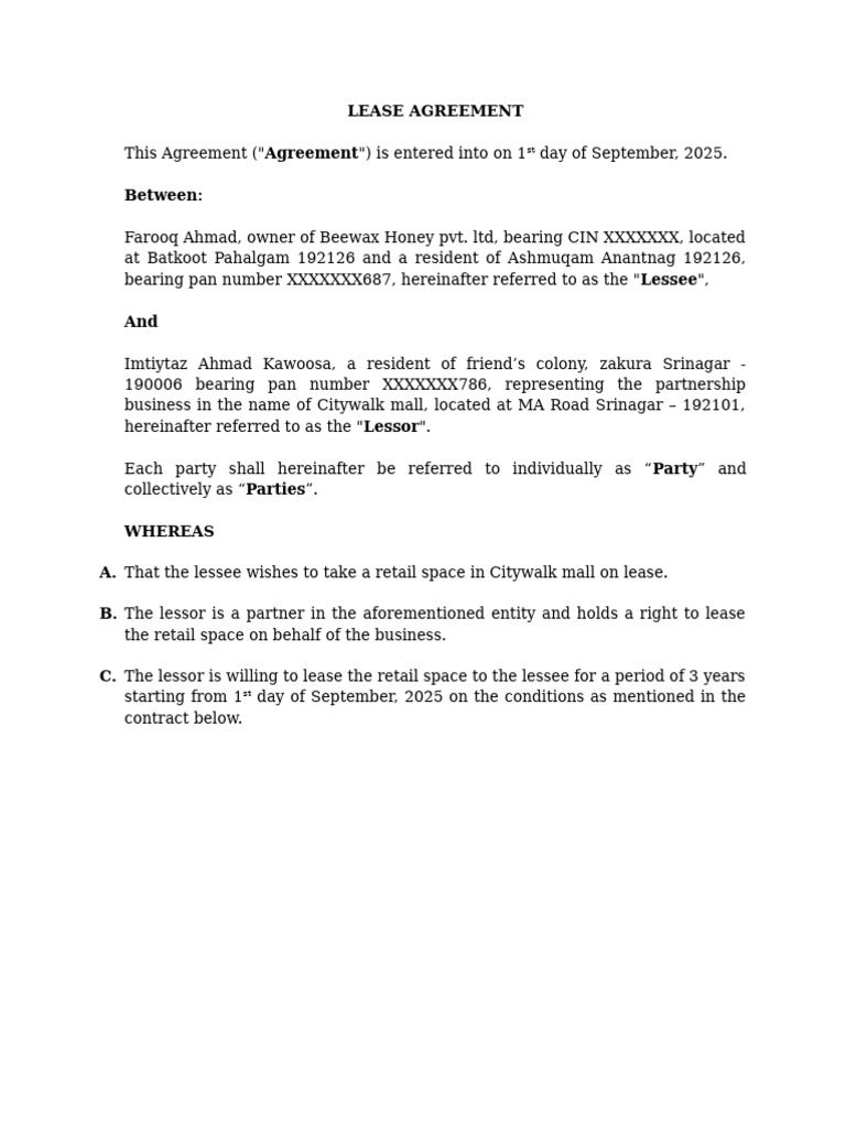 Retail Lease Agreement for Citywalk Mall | PDF