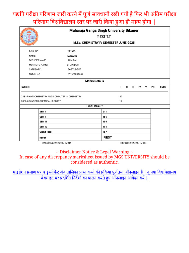 MSC Chemistry Sem 4 Final Result | PDF