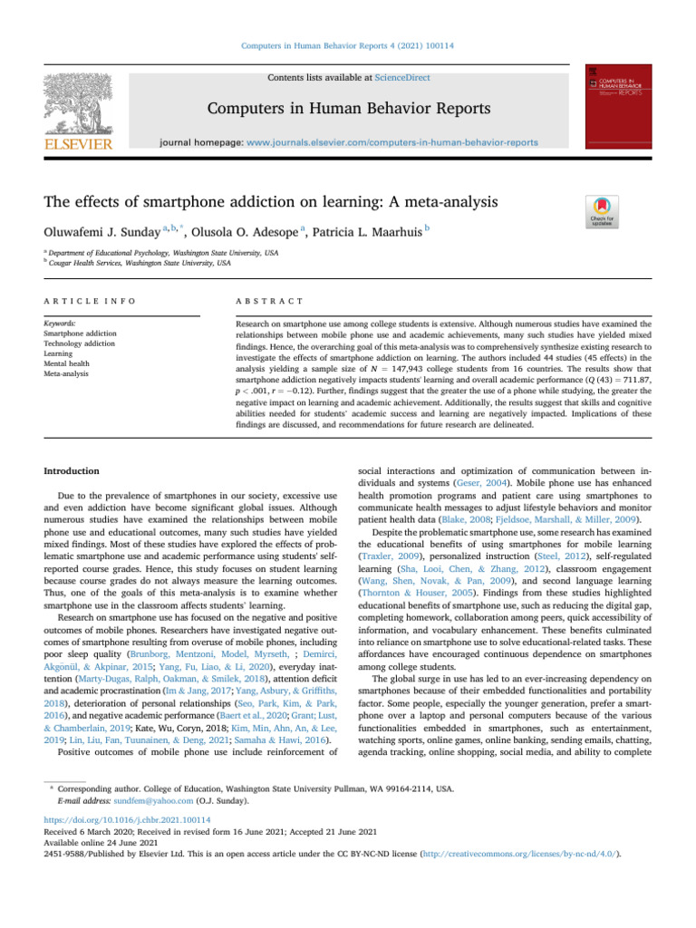 The effects of smartphone addiction on learning: A meta-analysis | PDF ...