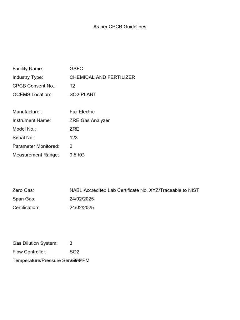 OCEMS Calibration Certificate for SO2 Plant | PDF